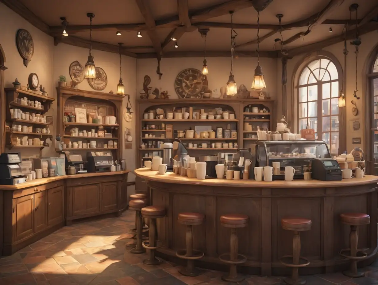 a coffee shop counter, with very few people. Disney style 3d