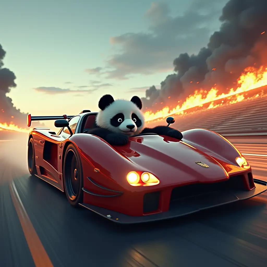 panda drive a super car with 100 speed in track car back side long fire shorts wideangle camera and stadium VIEW DRONE SHORT in inner car panda face expersion serious front camera angle panda face to zoom in the sky thunders in slow motion super car have blur motion with relastic cinematic clours