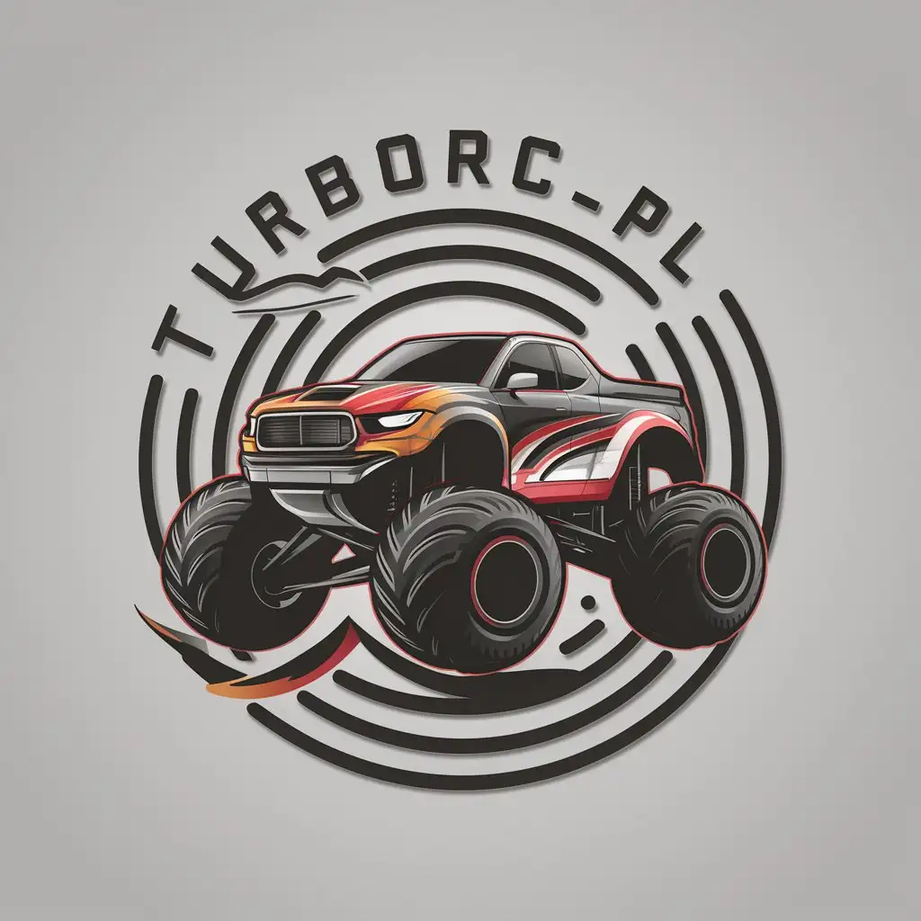 LOGO Design for TurboRCPL Monster Truck Jumping Off Ramp with Vector Style and Clear Background