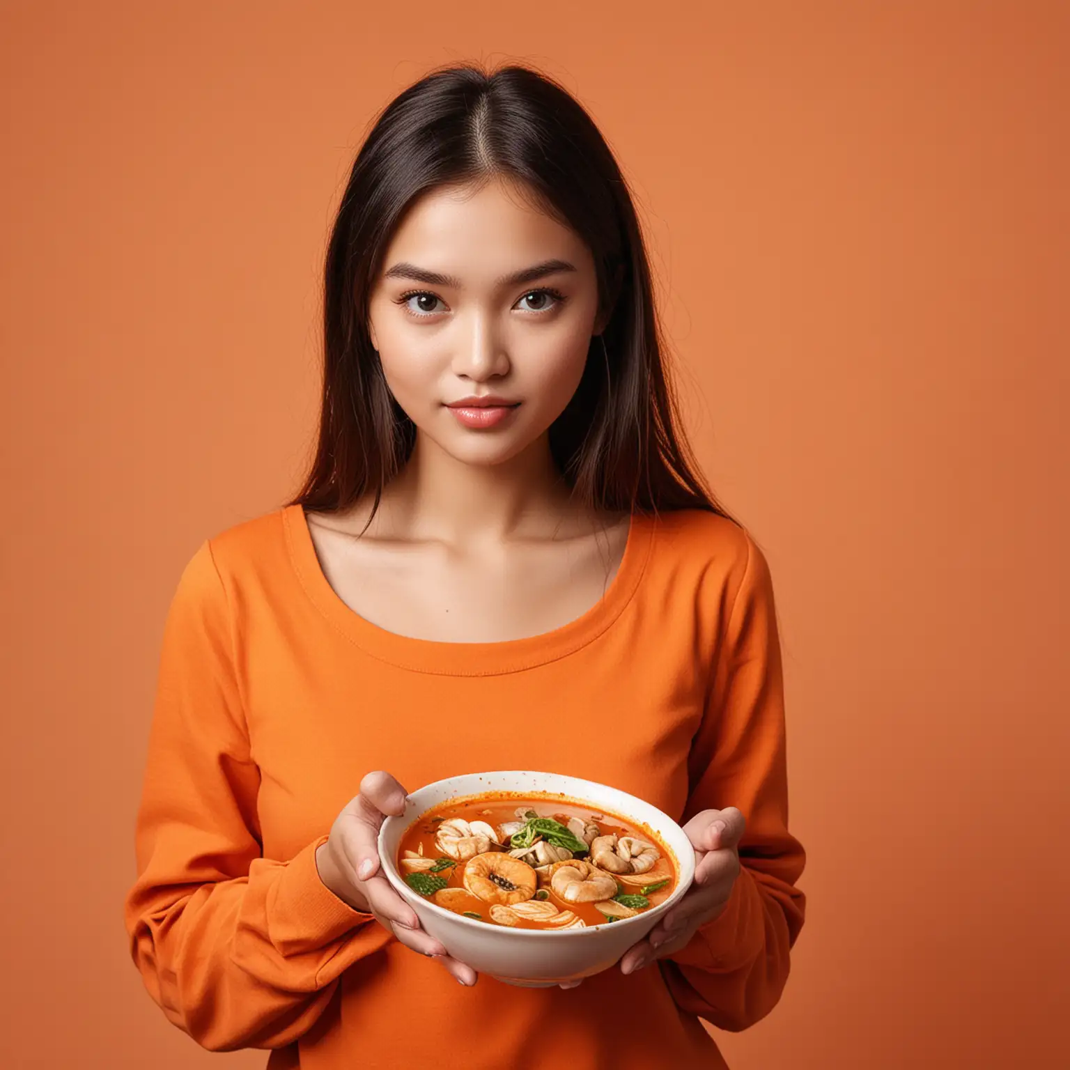 Girl-Posing-Elegantly-with-Tom-Yam-Dish-Against-Vibrant-Orange-Background