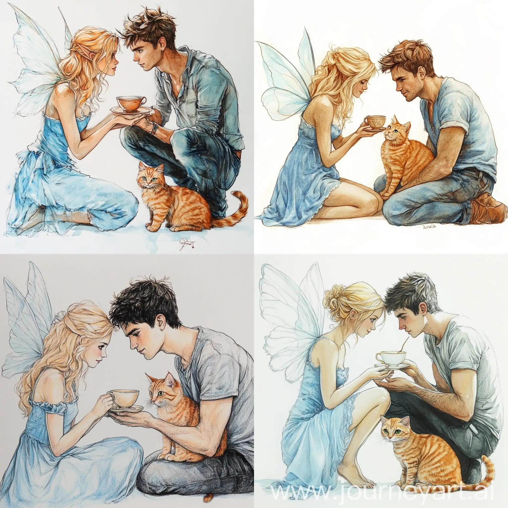 Blonde-Fairy-Having-Tea-with-Man-and-Ginger-Cat-Illustration