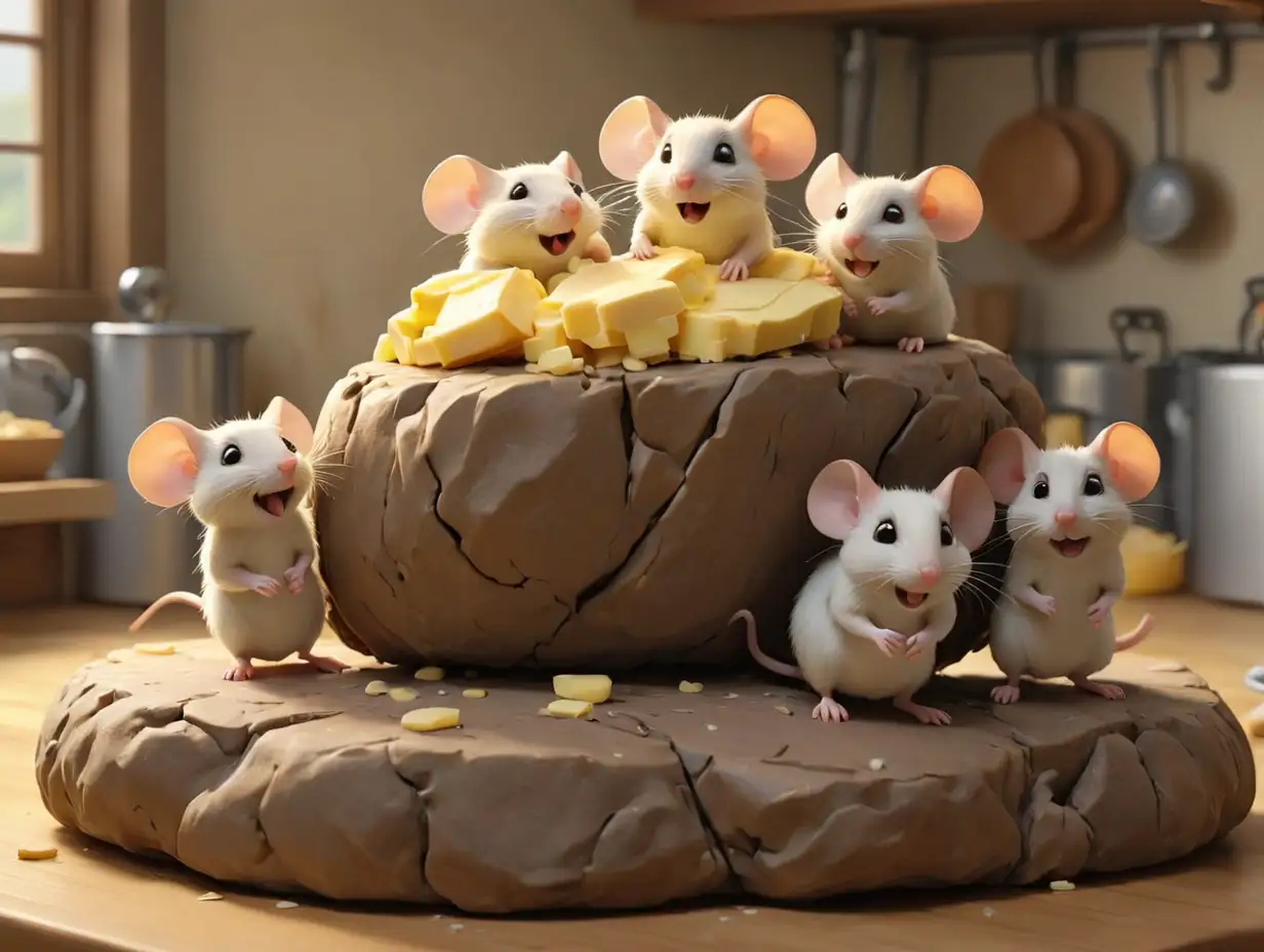 a distant view of three mice on a lump of butter in a small kitchen., 3d disney inspire