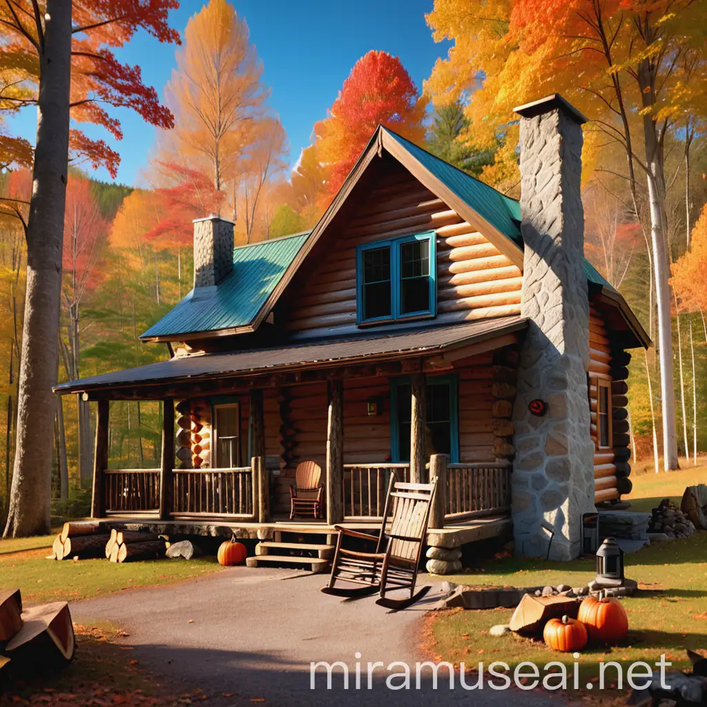 Cozy Log Cabin with Smoking Chimney in Vibrant Fall Forest