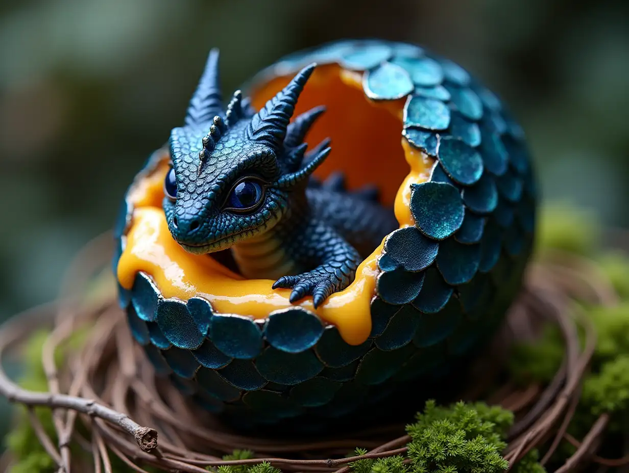 Dragon egg of dark blue color with iridescent scales of extreme realistic rough and hard texture broken, inside there is a mocosa of honey color, of extreme realistic liquid viscous texture, in the middle of the egg a black and blue baby dragon is born with scales of extreme realism, rough and hard appearance, it has blue eyes. The egg is in a nest of twigs and fresh moss hyperrealistic