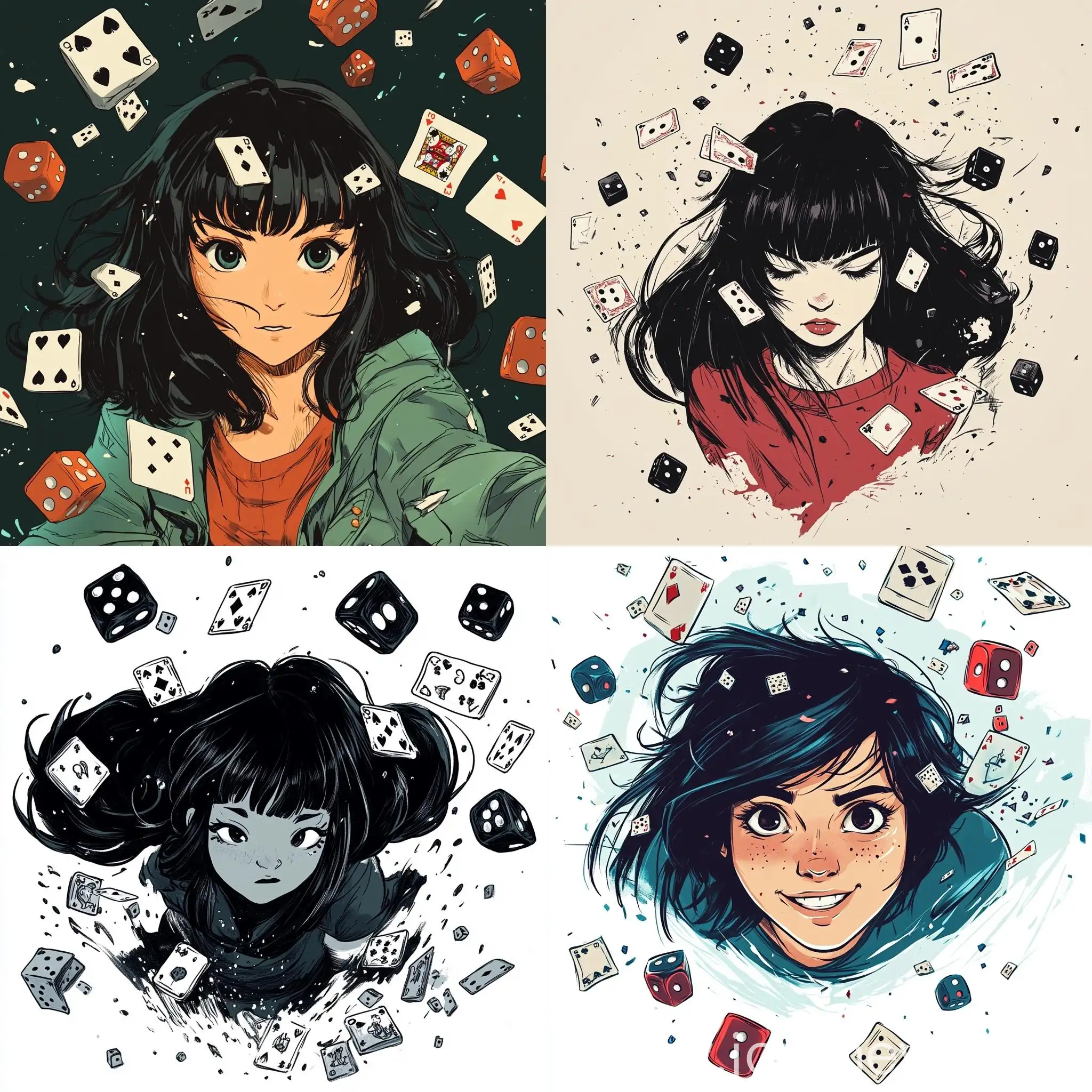 Girl-Surrounded-by-Flying-Dice-Meeples-and-Cards-in-Sketchy-Flat-Drawing