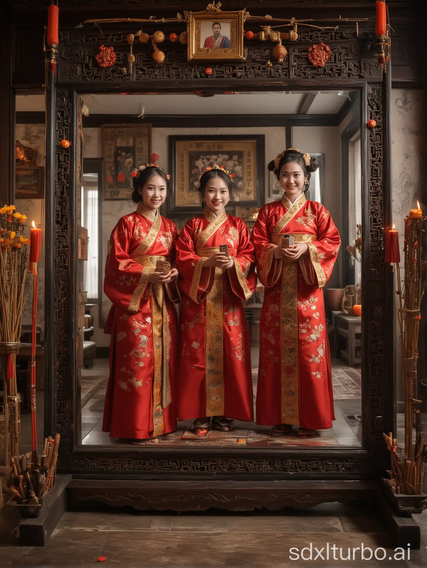 Three sisters wearing traditional Chinese attire are standing together, taking a selfie in front of a large mirror. Behind the mirror, there are portraits of their ancestors, along with offerings for the Ghost Festival, including incense, fruits, and various traditional foods. An incense burner with lit incense sticks is also placed on the altar. The scene captures the cultural essence of the Chinese Ghost Festival, with the sisters smiling warmly, surrounded by the atmosphere of reverence and tradition.