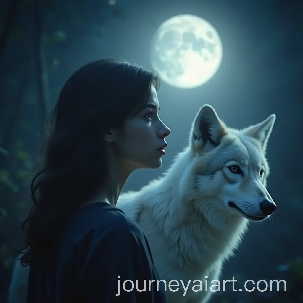 Thoughtful-Young-Woman-and-Mystical-Wolf-Under-Full-Moon
