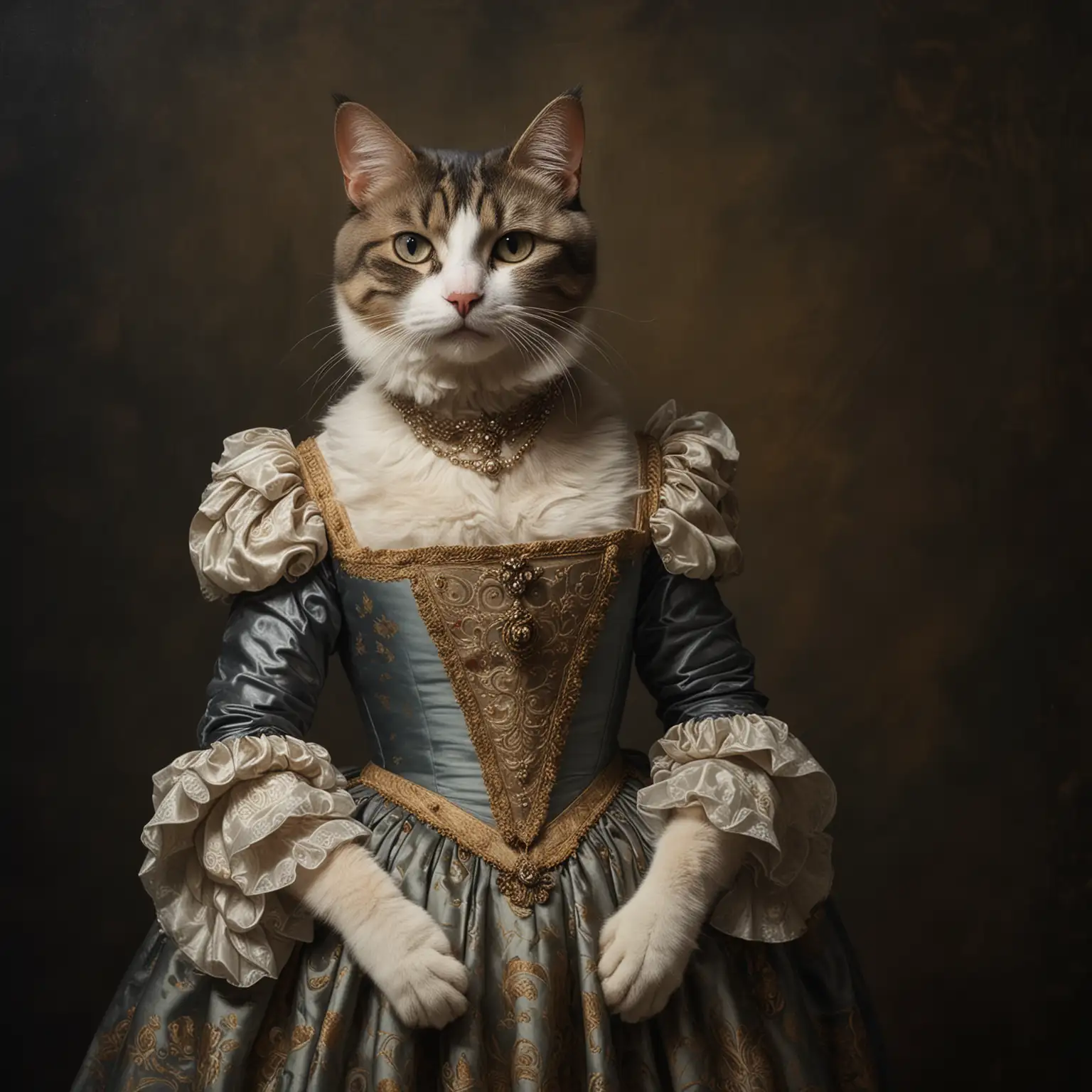 Cat painted in an elegant Renaissance gown and vintage hairstyle. She styled elegantly and is posing with a mysterious expression. The background of the painting contains dark hues in a classical oil portraiture style of Renaissance art, cinematic lighting, hyper-realistic, elegance and grandeur typical for historical portraits