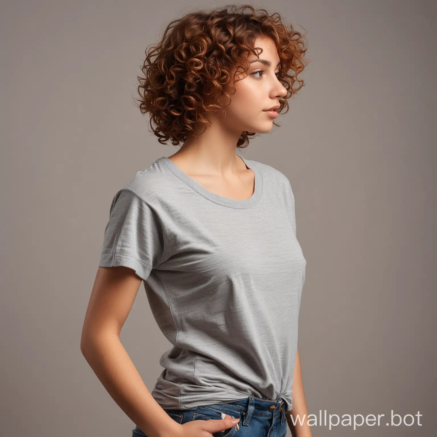 A slim girl with short curly chestnut hair and large breasts in a t-shirt side view full body