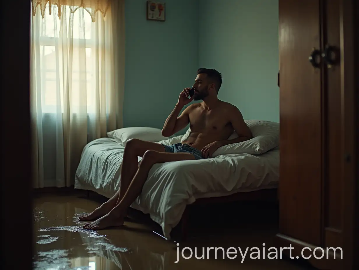 Man-Sitting-on-Bed-in-Flooded-Room-Talking-on-Cell-Phone