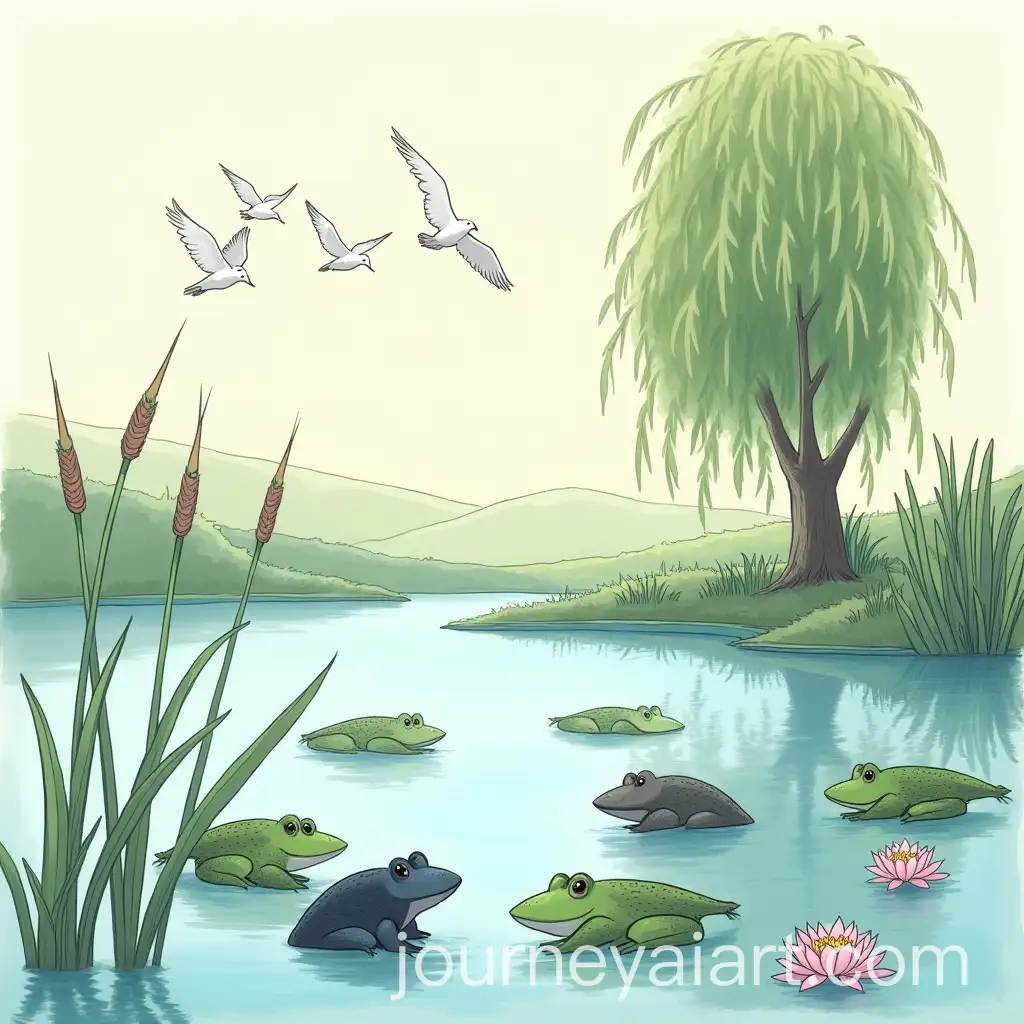 Lake-Scene-with-Frogs-Lotuses-Birds-and-Willow-Tree