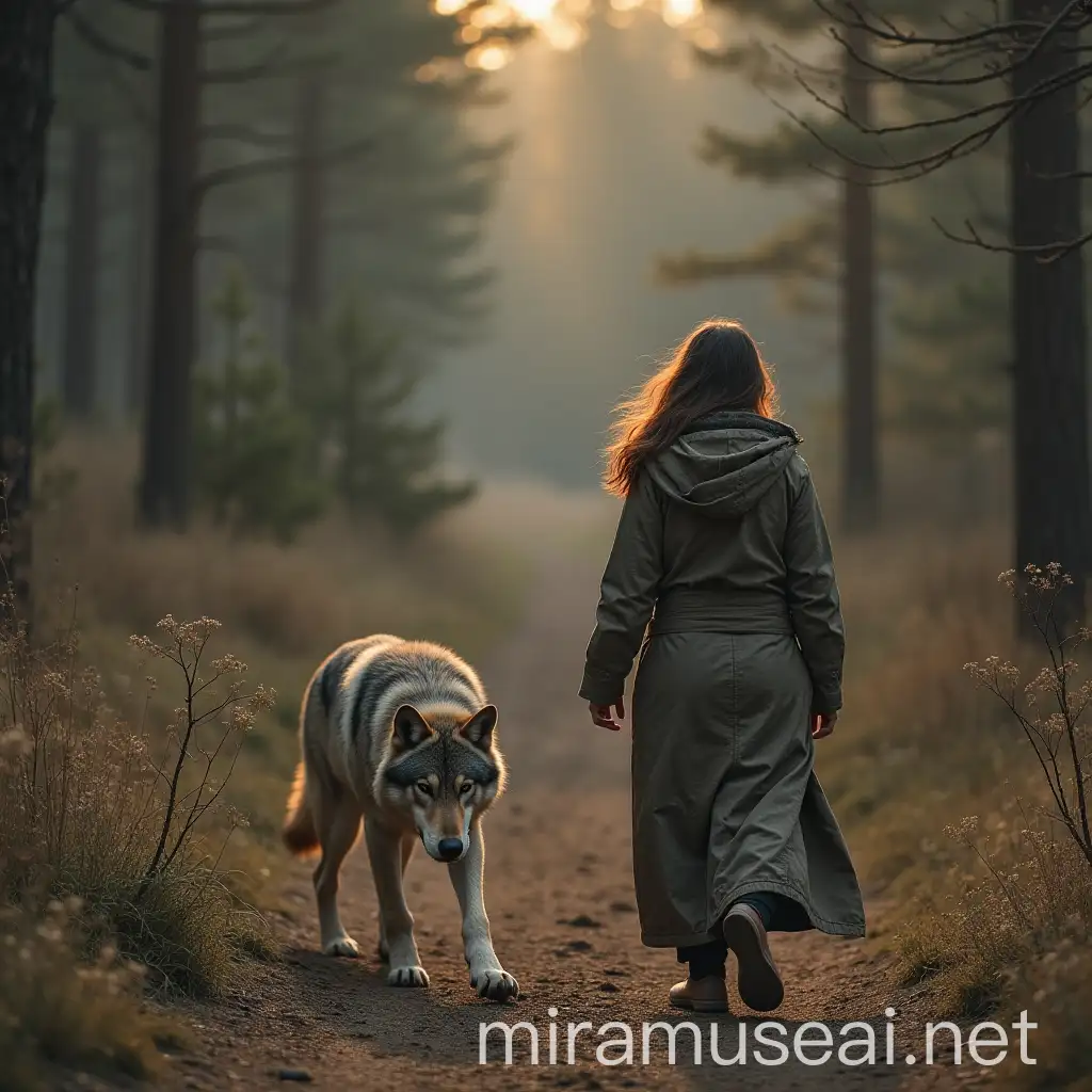 Woman Embracing Freedom Walking Towards a Wolf