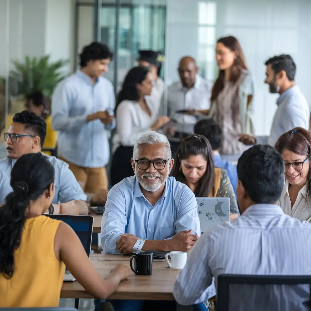 Generate a professional office scene with a multi-generational, diverse workforce. Most employees are Sri Lankan, with Maldivian, Fijian, and other nationalities present. The environment is modern and collaborative, with casual and semi-formal attire, showing teamwork and inclusion across generations.