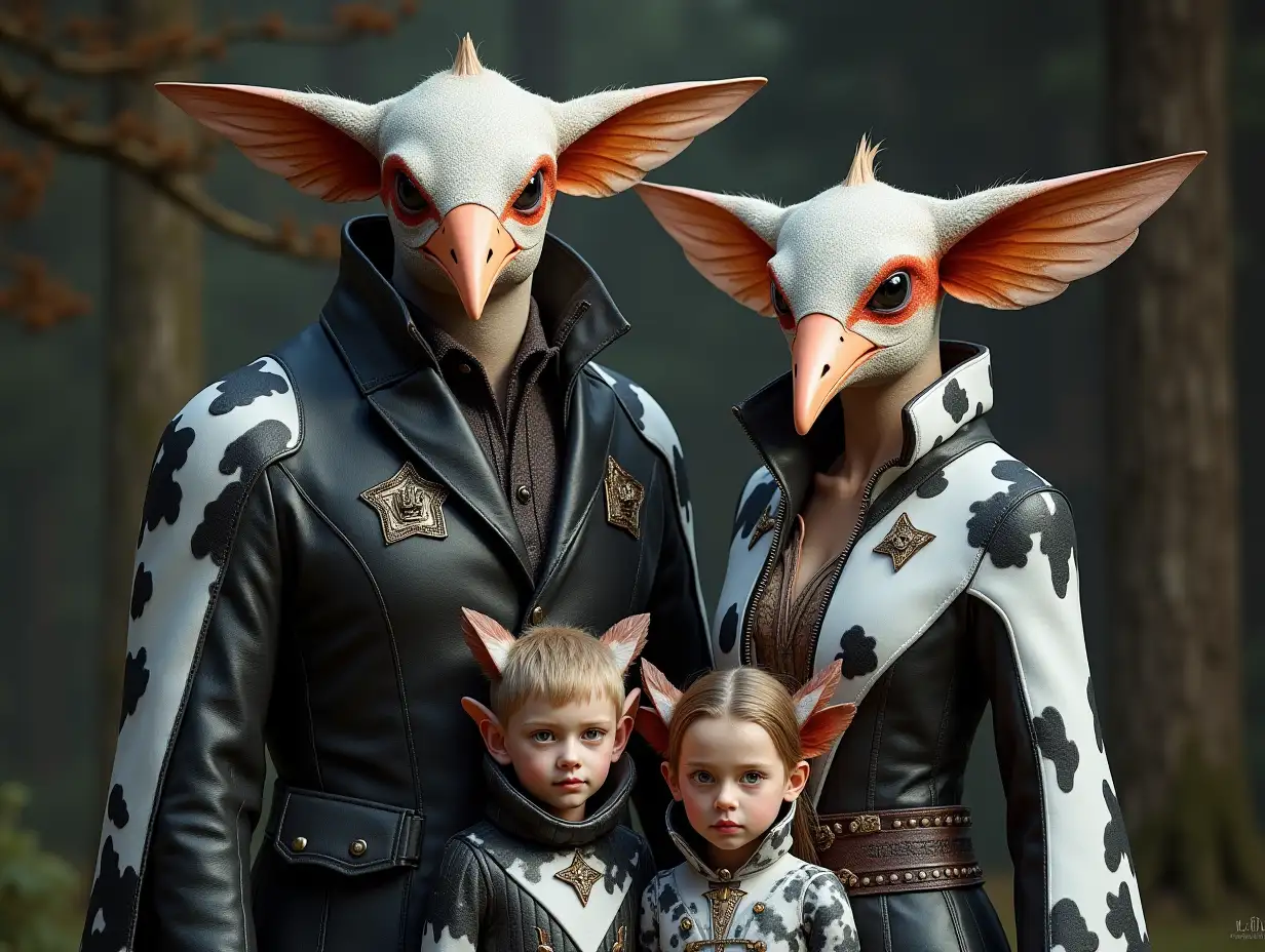 KI-Fantasy family, man, woman, and children, with ears and giant hummingbird face with and black- and white leather coat, cow pattern in 4k