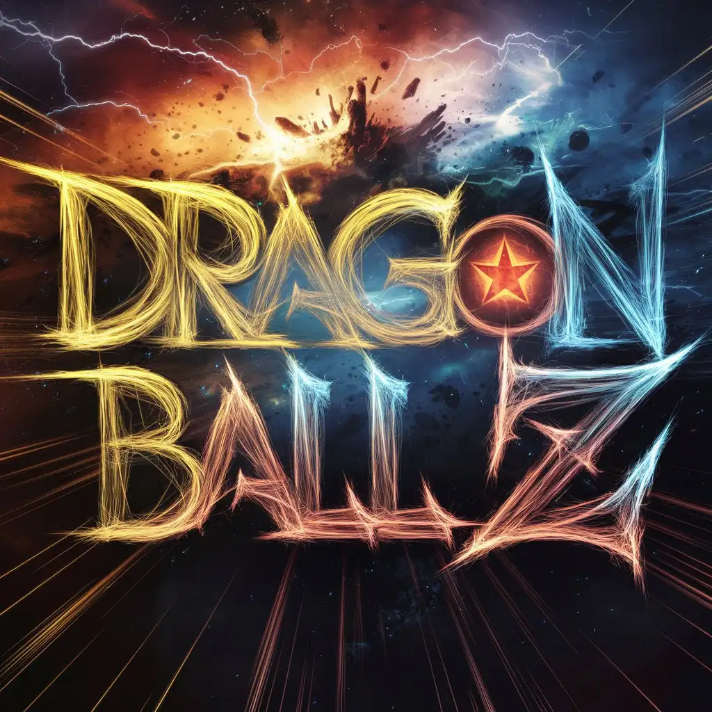 Typography for 'Dragon Ball Z', crafted from swirling abstract energy lines forming the letters, each letter radiating intense power auras in golden yellow, fiery red, and electric blue, background is a chaotic storm of galaxies and lightning symbolizing universal power battles, mood is explosive, energetic, and limitless, style is abstract digital art with dynamic energy flares, soft particle effects, and glowing outlines, --ar 16:9 --v 5
