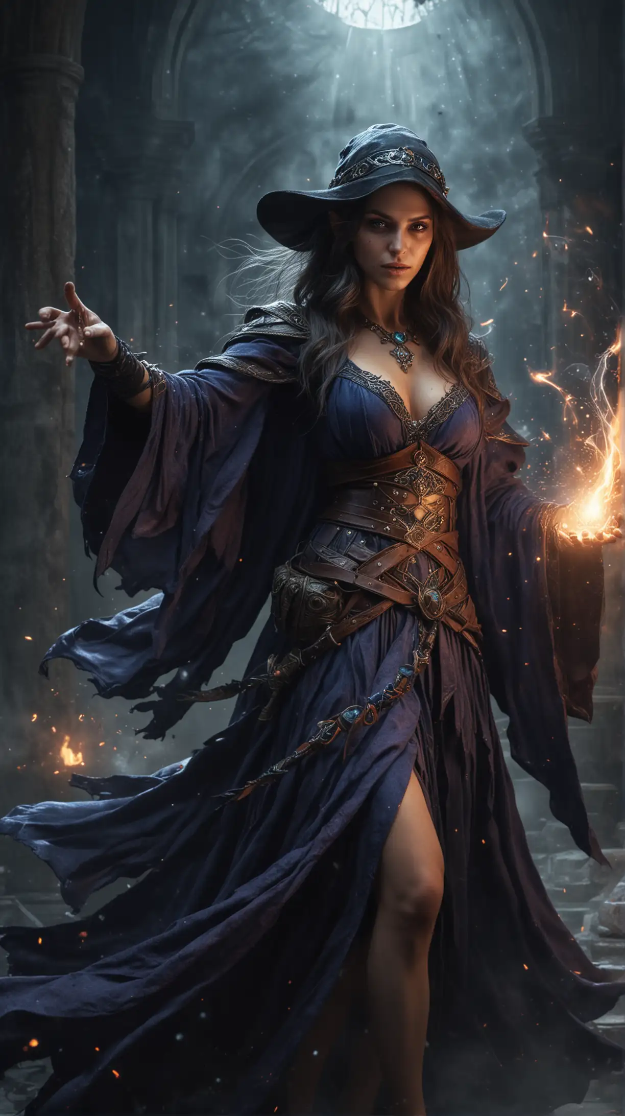 Mystical Sorceress Casting Spell in Magic Duel with Evil Spirit