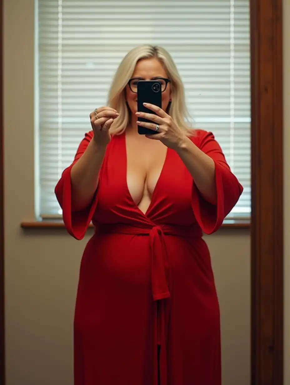 Curvy-Woman-in-Red-Robe-Taking-Mirror-Selfie-in-Bright-Fitting-Room