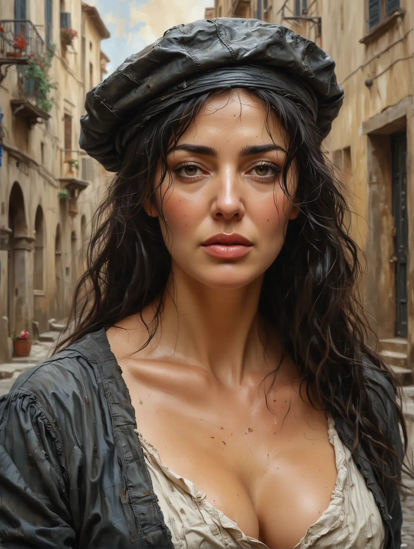 Naturalistic-Oil-Painting-of-Monica-Bellucci-with-Cleavage-in-City-Street-Scene