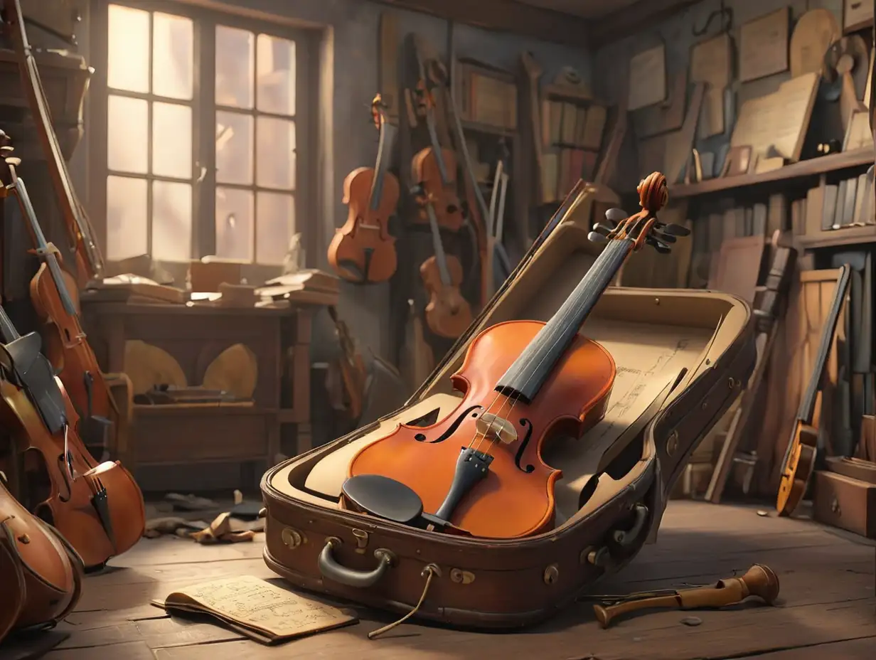 old violin in an open case lying on the floor in a corner of a music store, surrounded by other musical instruments. The violin should be dusty and appear unused for a long time., 3d disney inspire