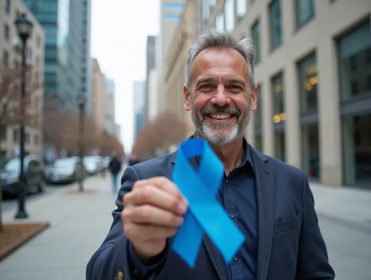 Middle age handsome man smiling happy holding blue prostate cancer ribbon at the city.