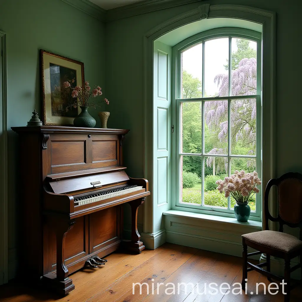 Ancient Upright Piano in a Mint Pastel English Cottage