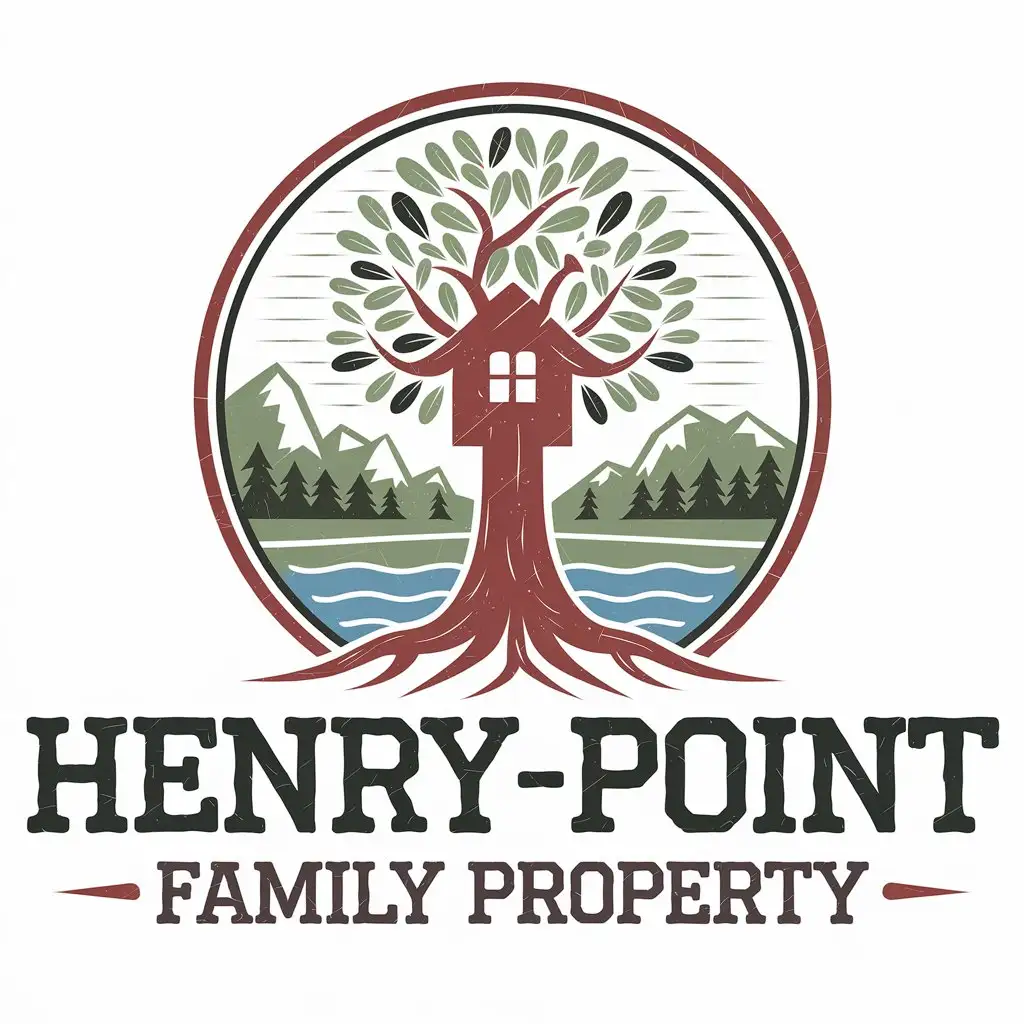 LOGO Design for HenryPoint Family Property Rustic and Whimsical NatureInspired Design with Trees Mountains and a Hopeful Family Motto