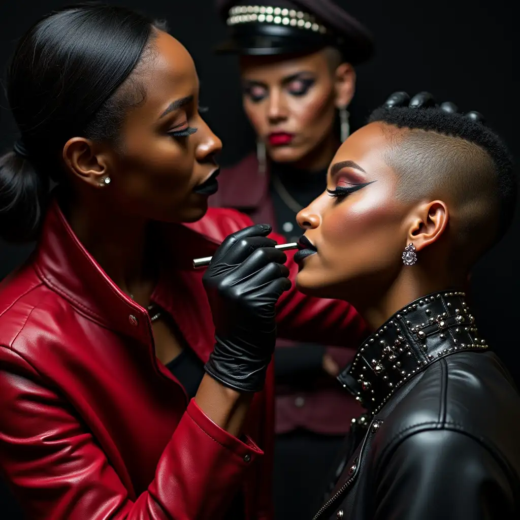 Three-Black-Female-Makeup-Artists-Applying-Lipstick-to-Cynthia-Erivo-with-Bold-Leather-Fashion