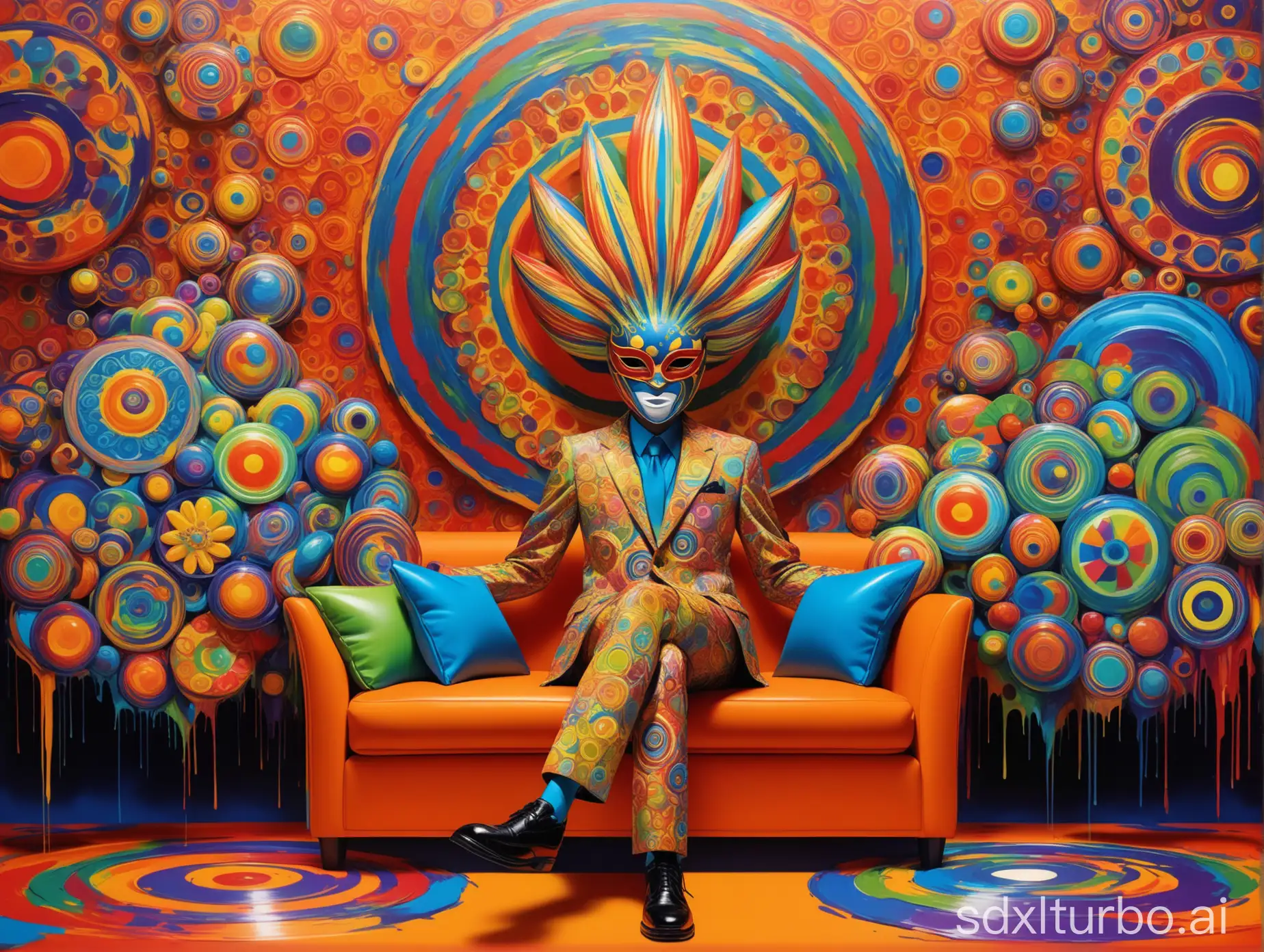 A vibrant and striking figure sits confidently on a plush, orange couch, adorned in a distinctive suit of intricate brown and gold checkerboard patterns. The character's face is a riot of colors, covered in a psychedelic mask featuring floral and abstract designs, with exaggerated round glasses reflecting a sense of boldness. Behind this intriguing figure, concentric circles of vivid colors—ranging from reds to blues to greens—create a mesmerizing background, enhancing the overall electric atmosphere of the piece. The interplay of bright colors and patterns captures attention, while drips of paint descending from the top evoke a sense of dynamic movement. This artwork exudes a playful yet powerful narrative, blending elements of fashion, identity, and artistic expression with an almost hypnotic quality.