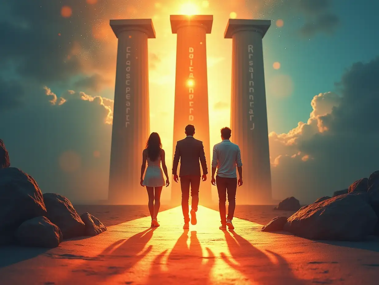 Create an image of a diverse, motivated team walking confidently down a glowing path toward the future, with three sturdy pillars in the background labeled Engaged, Resilient, and Sustainable. Remember THREE pillars not four.