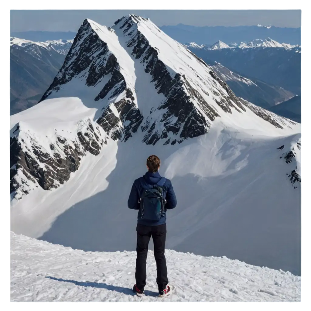 Lone-Traveler-at-the-Peak-of-a-Majestic-SnowCapped-Mountain-PNG-Image-for-Adventure-and-Triumph-Themes