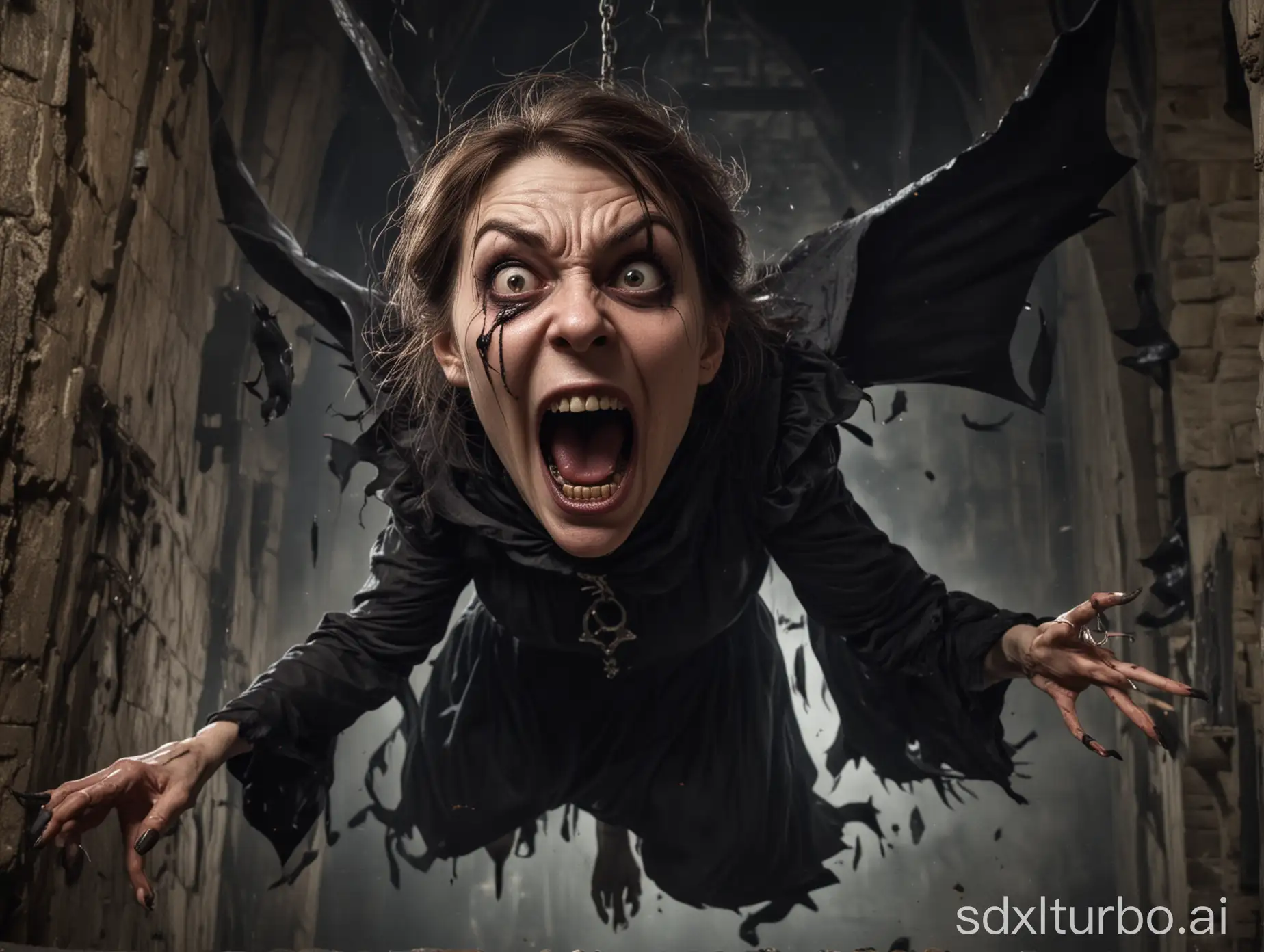 A blistering witch with a blistering face and an evil grimace hangs in the air under the tower ceiling, claws out