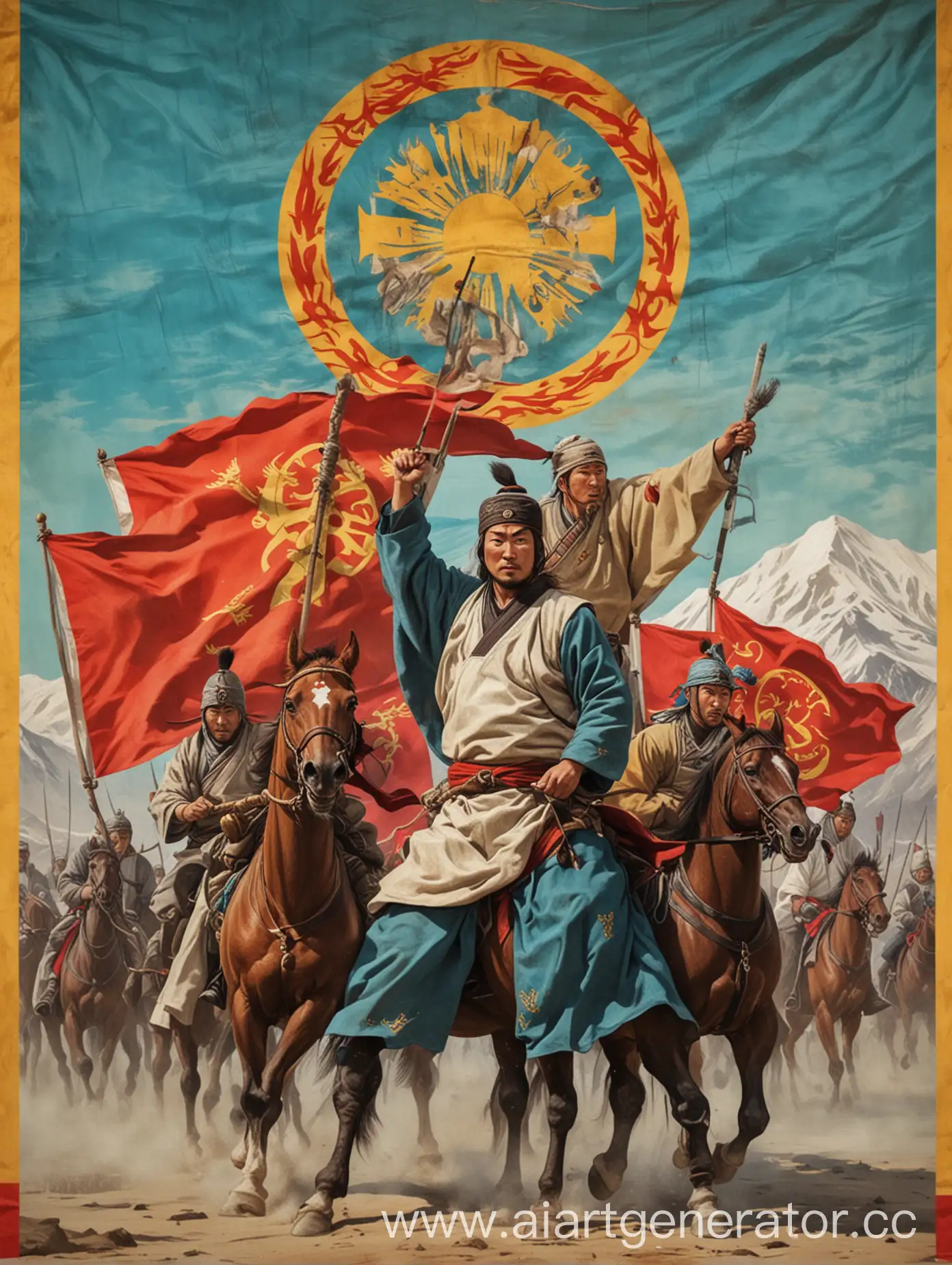 Mongols-and-Japanese-Karate-Fighters-Stand-Together-on-Kazakh-Flag-Background