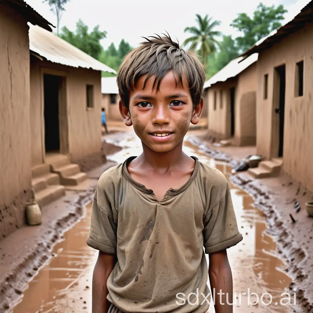 A young boy in a small rural village, wearing simple clothes, surrounded by mud houses, with a calm and hopeful expression on his face.