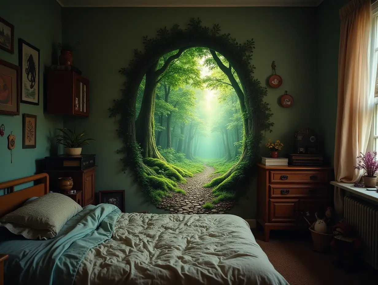 a portal to a mythical forest on the wall of my small, messy bedroom