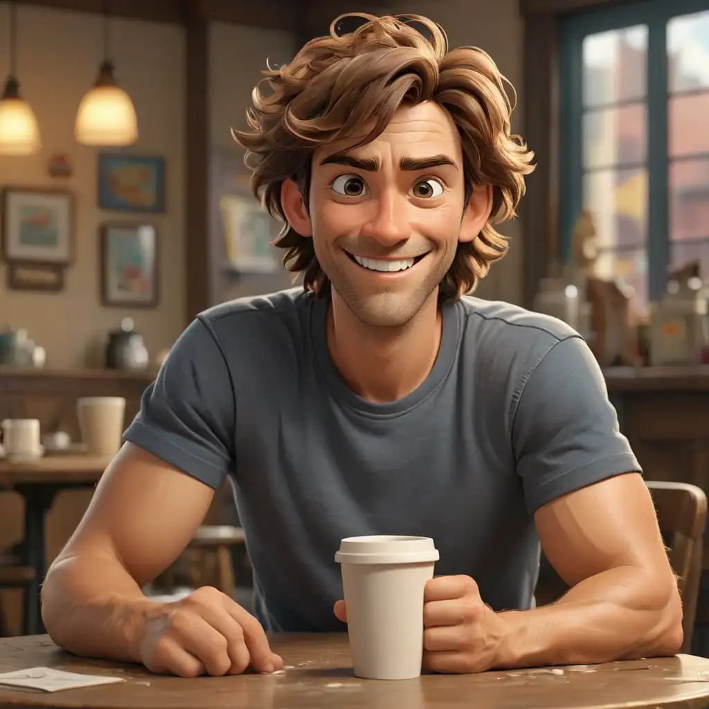 a tall, lanky guy with his messy brown hair slightly tousled. He's wearing a casual, slightly wrinkled T-shirt, jeans, and sneakers. Sitting with Coffee Cup on a table: Pose: He is sitting with one leg crossed over the other. Hand Gestures: Holding a large coffee cup with both hands. Face Expression: Smiling widely, eyes sparkling with amusement. Disney 3d cartoon, High quality image.