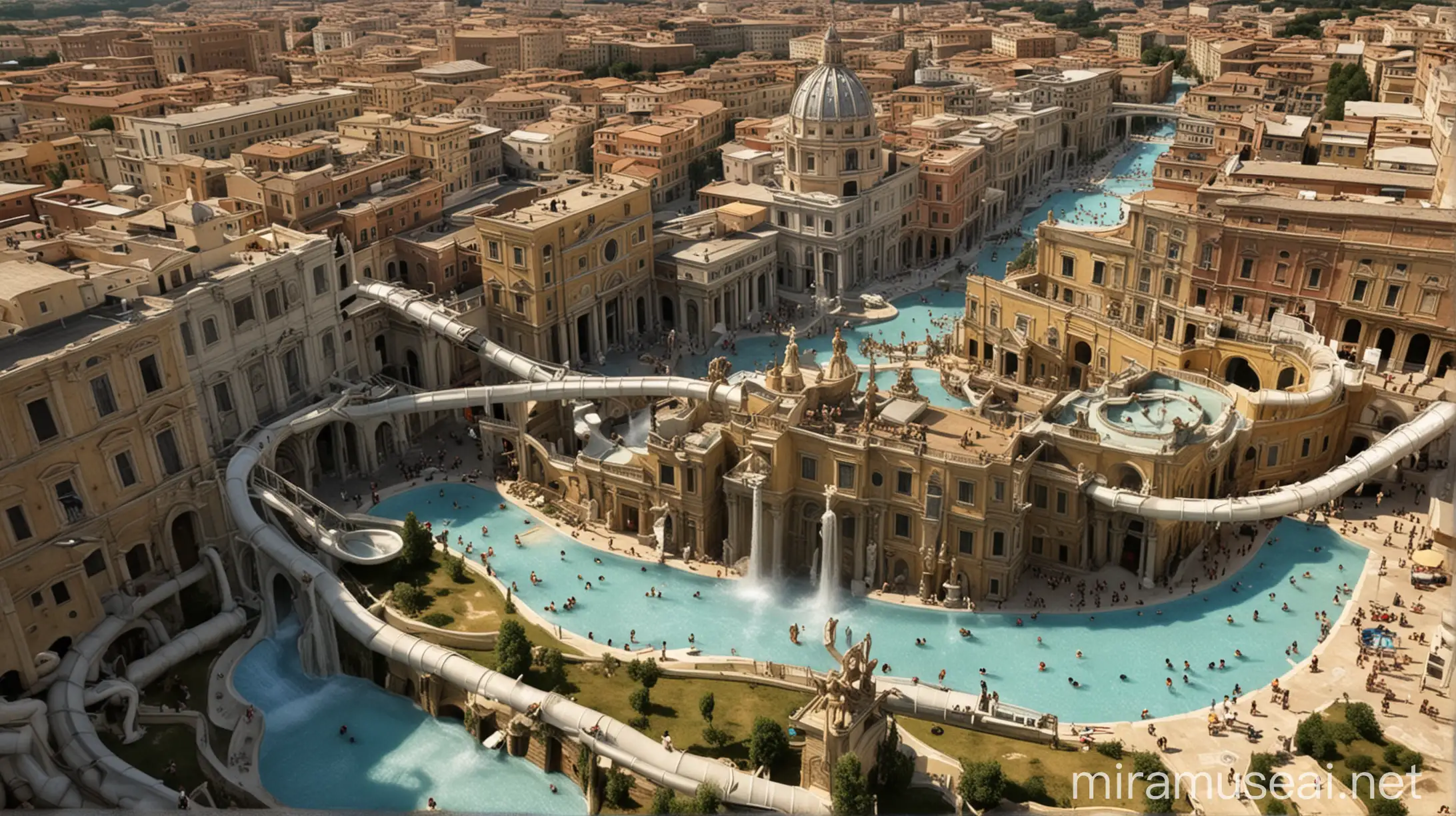 Realistic Waterpark Through Vatican City with Waterslides and Spiders