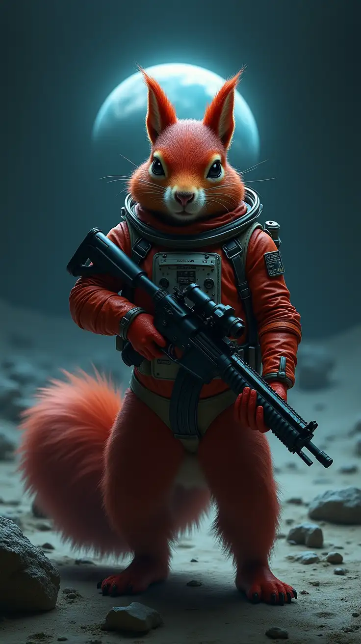 Muscular-Red-Squirrel-in-Space-Suit-with-Gun-on-the-Moon-Earth-in-Background