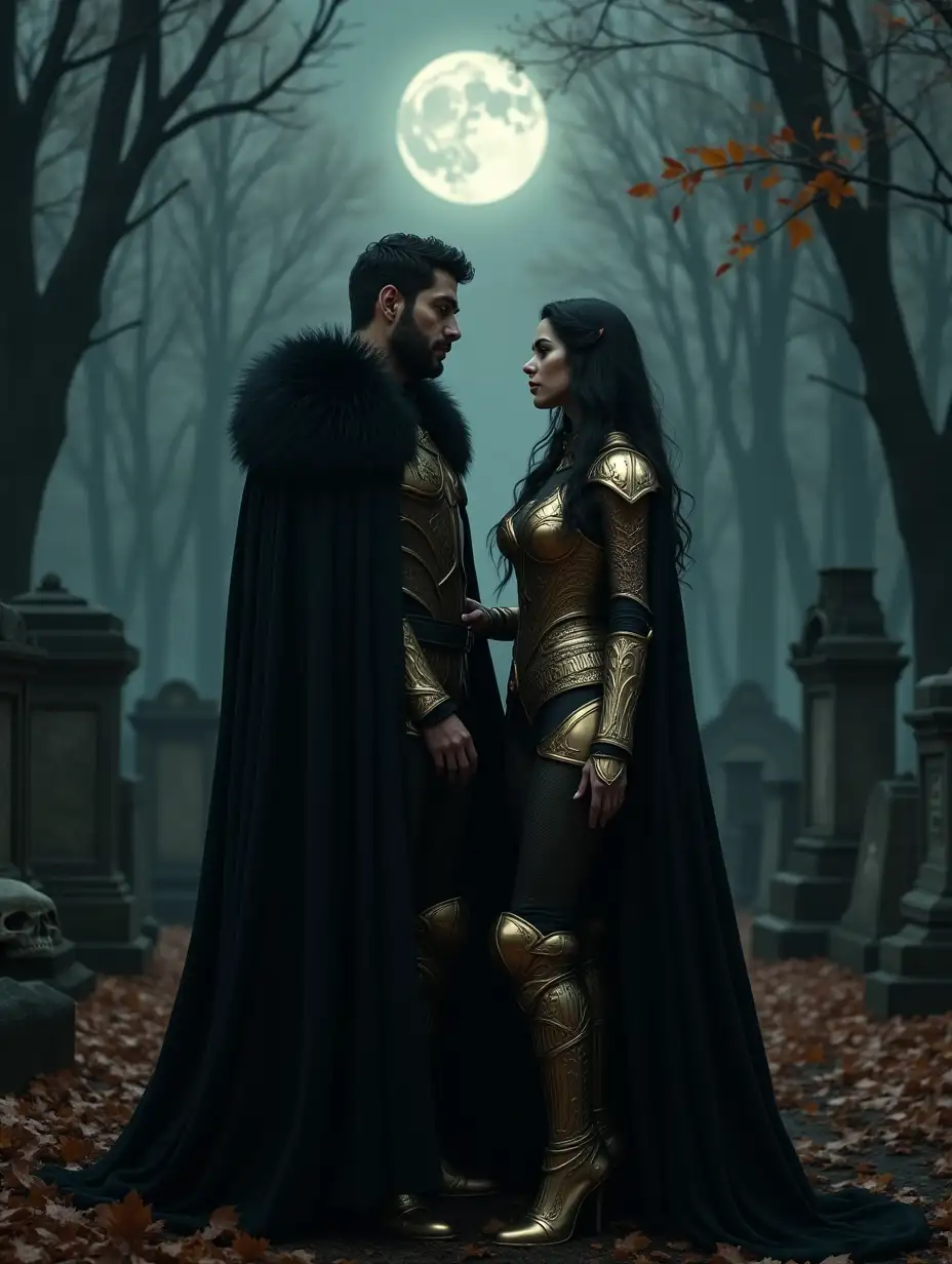 man and woman in fantastic costumes, man wearing black cloak with fur trim and golden armor, woman in revealing armor suit, standing in cemetery, ancient tombstones, skulls, bare trees, full moon, autumn leaves on ground, gothic atmosphere, gloomy, dark forest, detailed armor, detailed clothing, fantasy scene, mysterious, romantic, cinematic lighting, high detail, sharp focus, artstation, concept art, digital painting, dark fantasy, 8k resolution, photorealistic, volumetric lighting, dramatic shadows, intricate details, hyperrealistic textures, moody atmosphere, epic composition