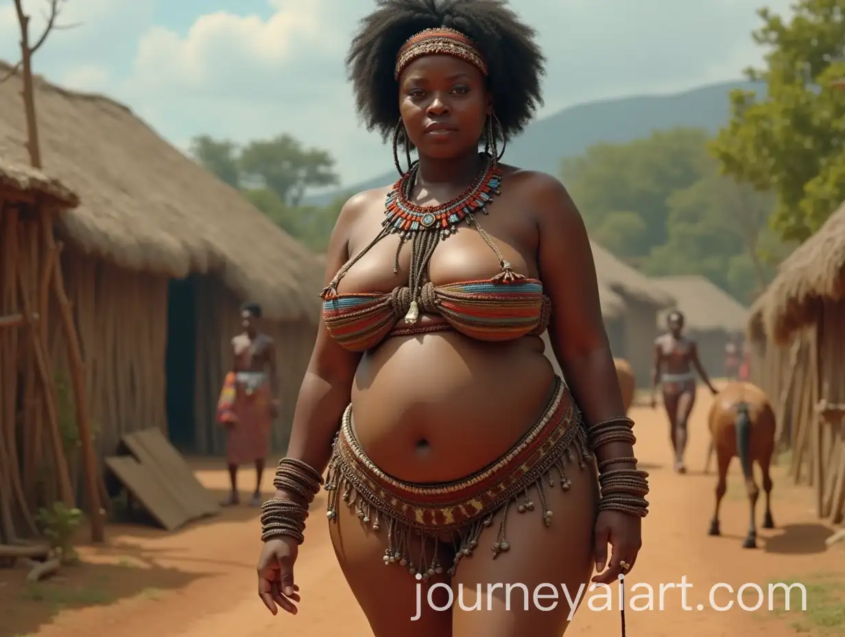 Confident-Zulu-Woman-inAI-Image-Prompt-Expansion-Traditional-Isidwaba-and-Bead-Belt-Walking-Through-Village