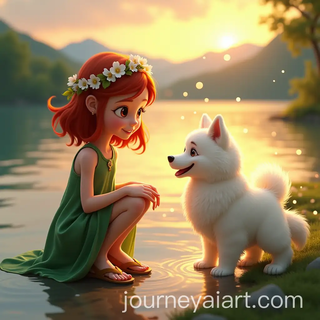 Young-Girl-and-Samoyed-Dog-Playing-by-a-Serene-Sunset-Lake