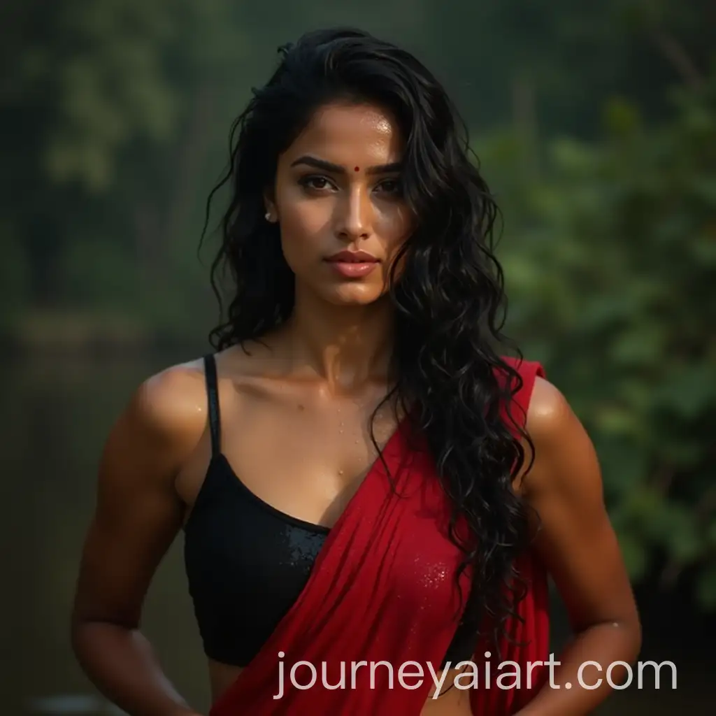 South-Indian-Woman-in-Red-Saree-withAI-Image-Prompt-Expansion-Wet-Look-and-Intense-Expression