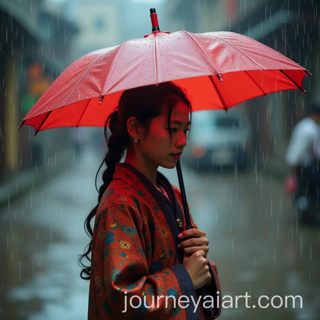 Bhutanese-Girl-in-Traditional-Kira-Dress-with-Umbrella-in-Rain