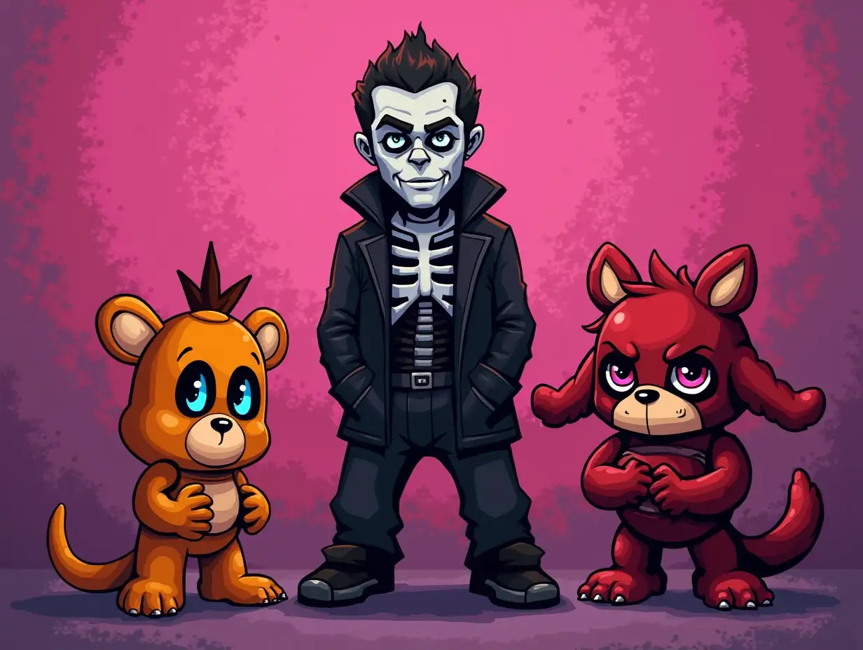 Digital illustration of three characters: a black-clad, adult male character reminiscent of Sans from Undertale, a yellow-and-orange triangular character reminiscent of Bill Cipher from Gravity Falls, and a red, anthropomorphic canine robot character similar to Funtime Freddy from Five Nights at Freddy's.  The characters are posed in a static, slightly confrontational manner.  Sans-like figure is centrally placed, middle-aged and has a neutral expression. He is adorned in a black jacket and black pants.  He displays a noticeable skeleton-like structure with visible bones and  a slightly sinister demeanor. His facial features have a detailed, pixelated look; his eyes are a mix of black and a vibrant blue.  Bill Cipher has a determined, enigmatic expression and is presented in a stylized, cartoonish fashion. The red canine robot is poised with crossed arms, displaying a hostile, somewhat grumpy expression.  The environment is a simple, color-blocked background of pink and lavender hues; the color palette exhibits a vibrant, slightly desaturated quality.  The lighting is uneven, with highlights on the characters and some areas shrouded in darkness.  The background shows faint, pixelated texture elements. Pixel-art aesthetic is present in each character.  The overall style leans toward stylized animation, with a touch of comic book inspiration. The composition is balanced, with the characters spaced apart but still interacting visually.