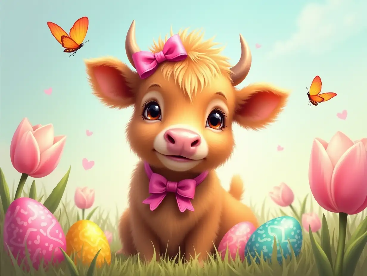 digital art, Oil painting. A playful Highland calf with a pink bow, surrounded by colorful Easter eggs and blooming tulips. Butterflies flutter around the scene, adding to the festive and whimsical atmosphere. The calf's soft fur and gentle expression are captured in exquisite detail, creating a sense of warmth and innocence