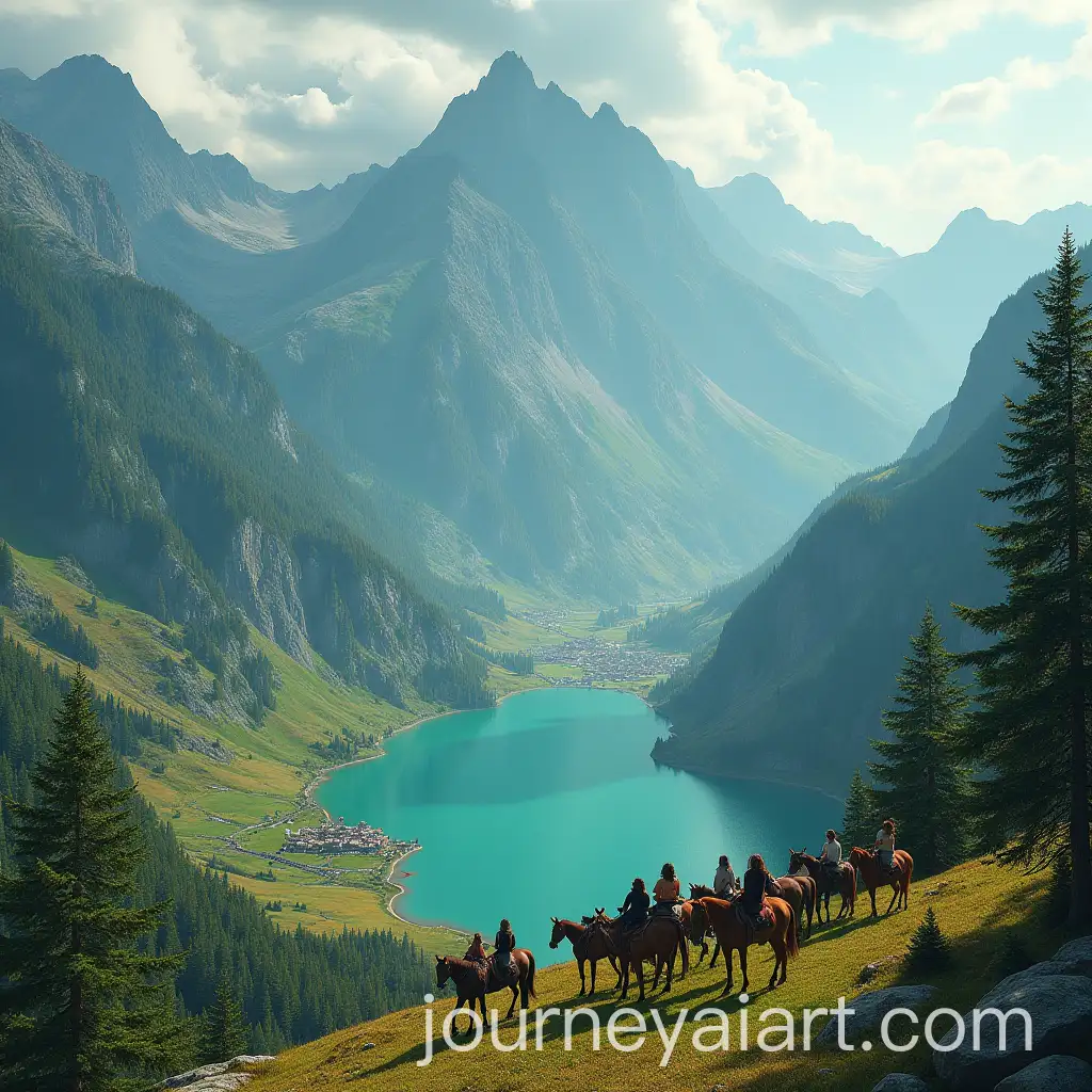 Women-and-Horses-on-a-Mountain-Overlooking-Colorful-Trees-and-Lakes