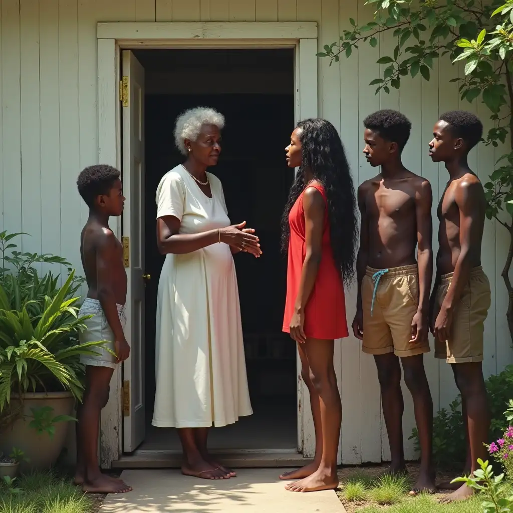 Black-Woman-and-Teen-Girl-Talking-at-Door-with-Garden-Full-of-Shirtless-Teen-Boys