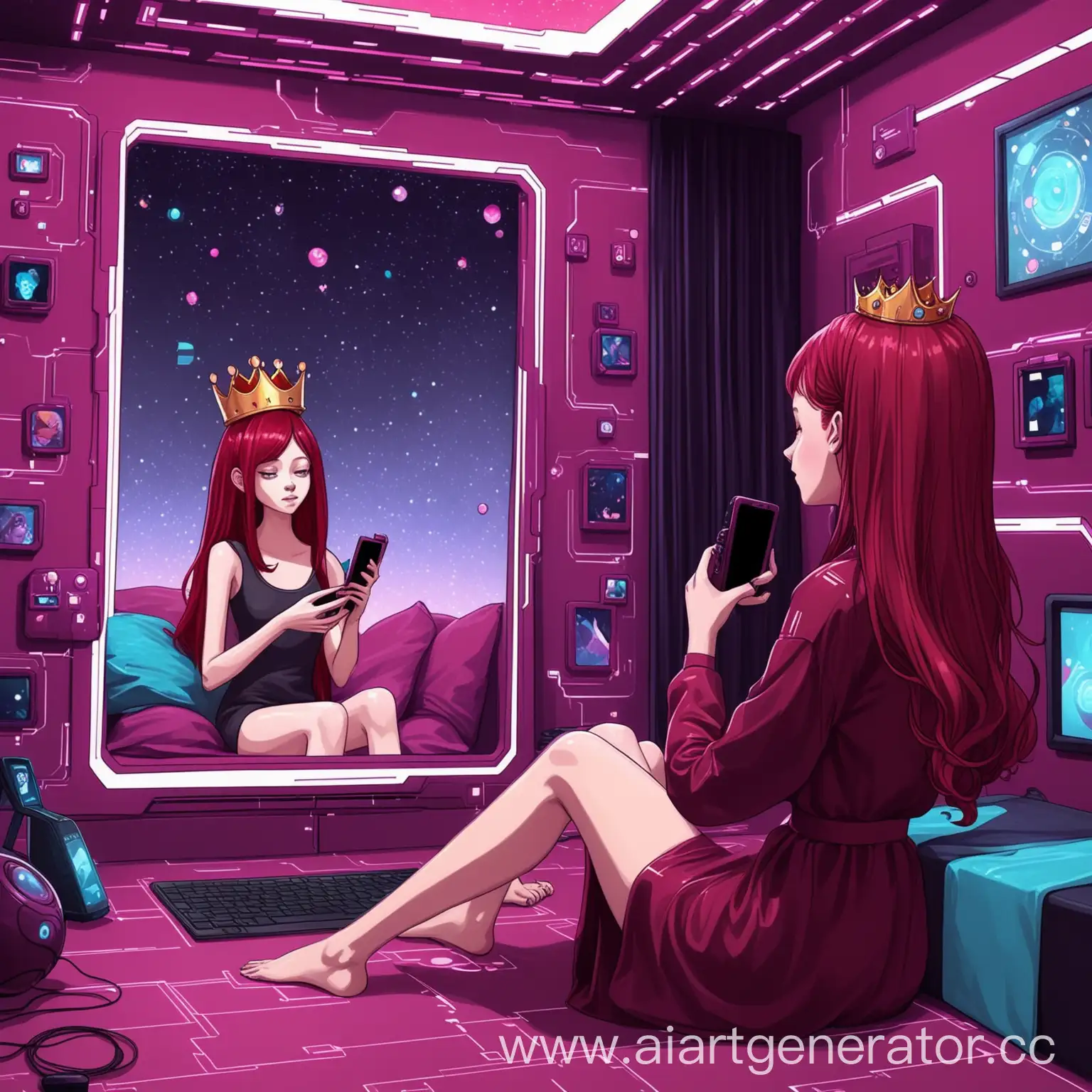 Redhead-Girl-Playing-on-Phone-in-Futuristic-Room-with-Festive-Atmosphere