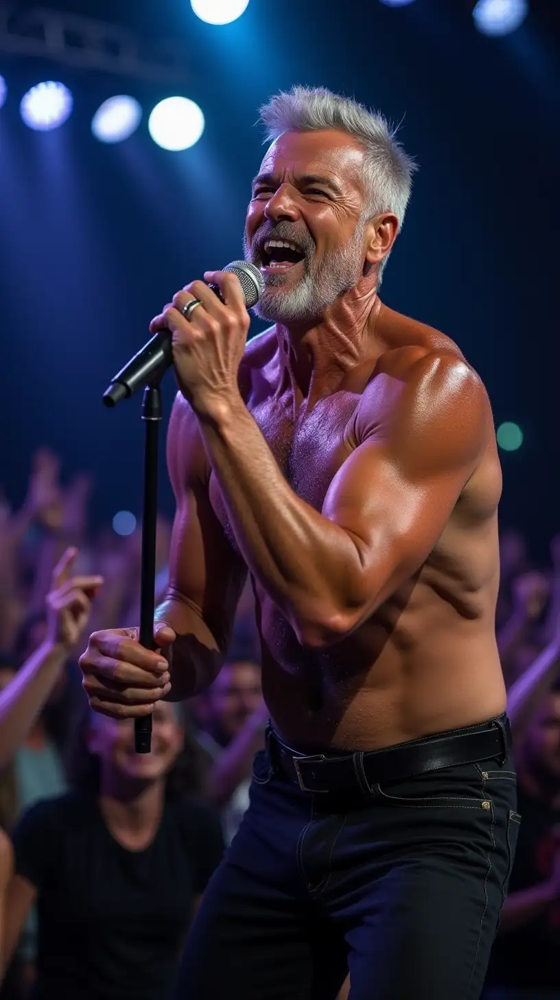 Energetic Shirtless Mature Singer Performing on Stage in Concert