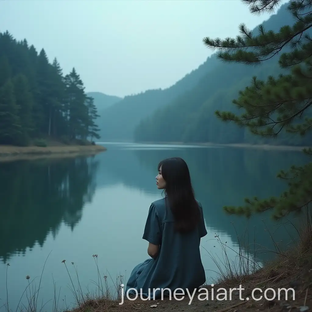 Cinematic-Portrait-of-a-Woman-by-a-Japanese-Lake-with-Pine-Tree-Reflection
