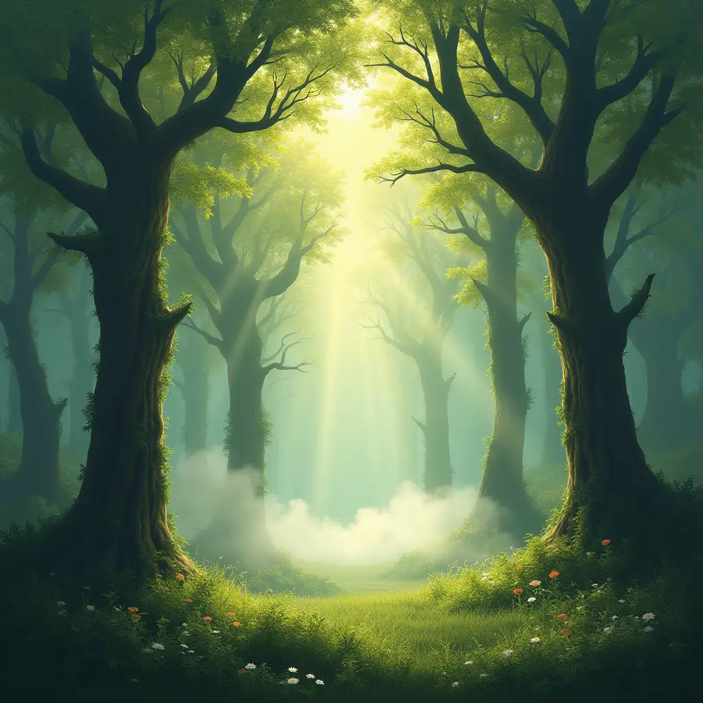 Fairy forest, whimsical trees, rays of sunshine pierce through the tops of the trees. A fog floats across the ground.